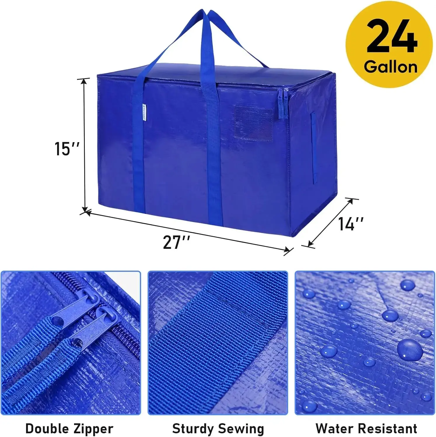 Diagram of a cobalt blue CasaBella bag labeled 27 inches long, 14 inches wide, and 15 inches high