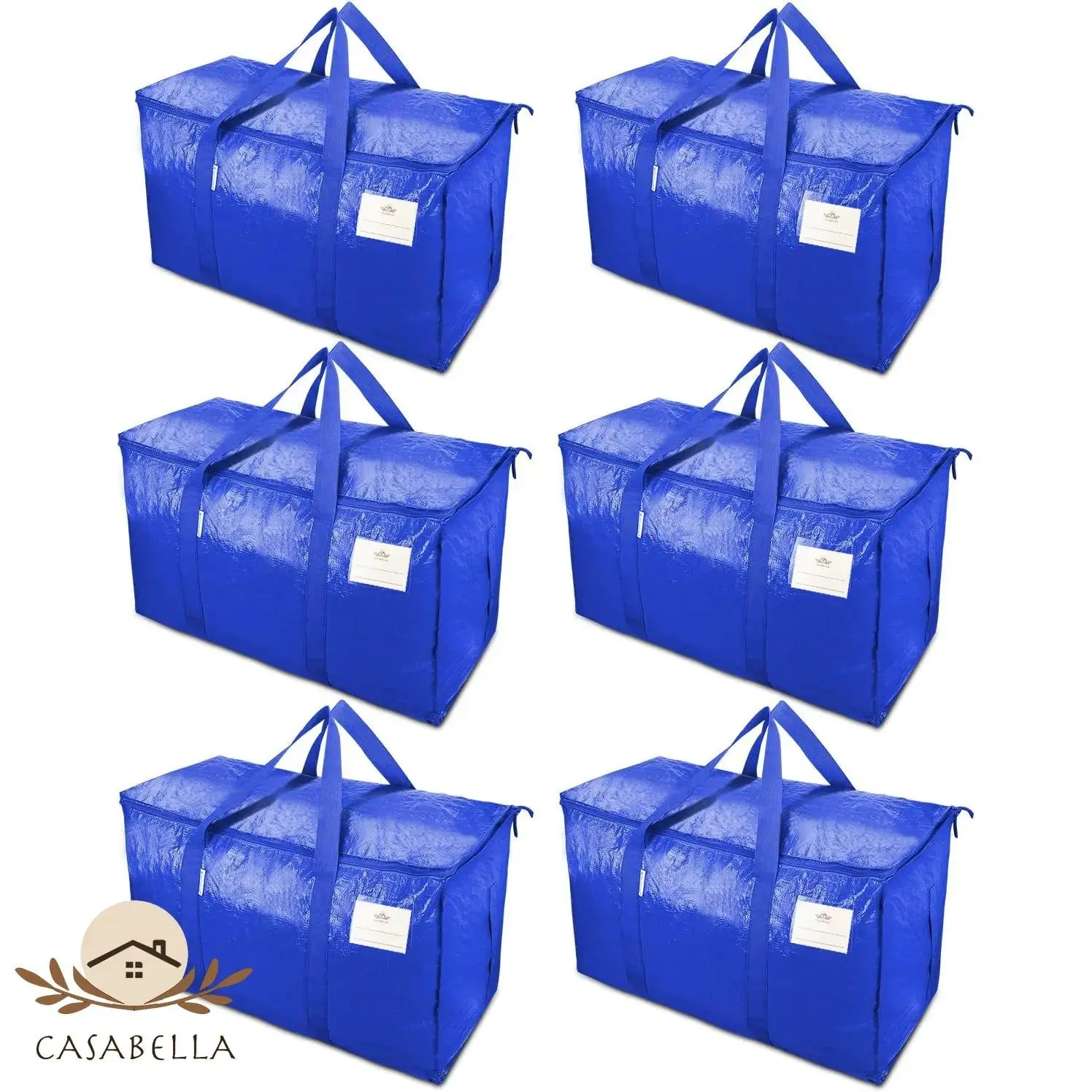 Six cobalt blue CasaBella 24-gallon moving bags grouped on a white background