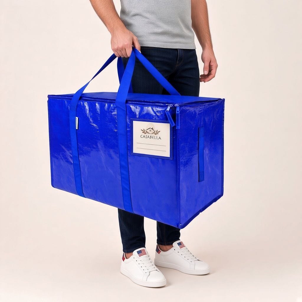 Man carrying a full CasaBella 24-gallon moving bag in Cobalt by its wrap-around handles