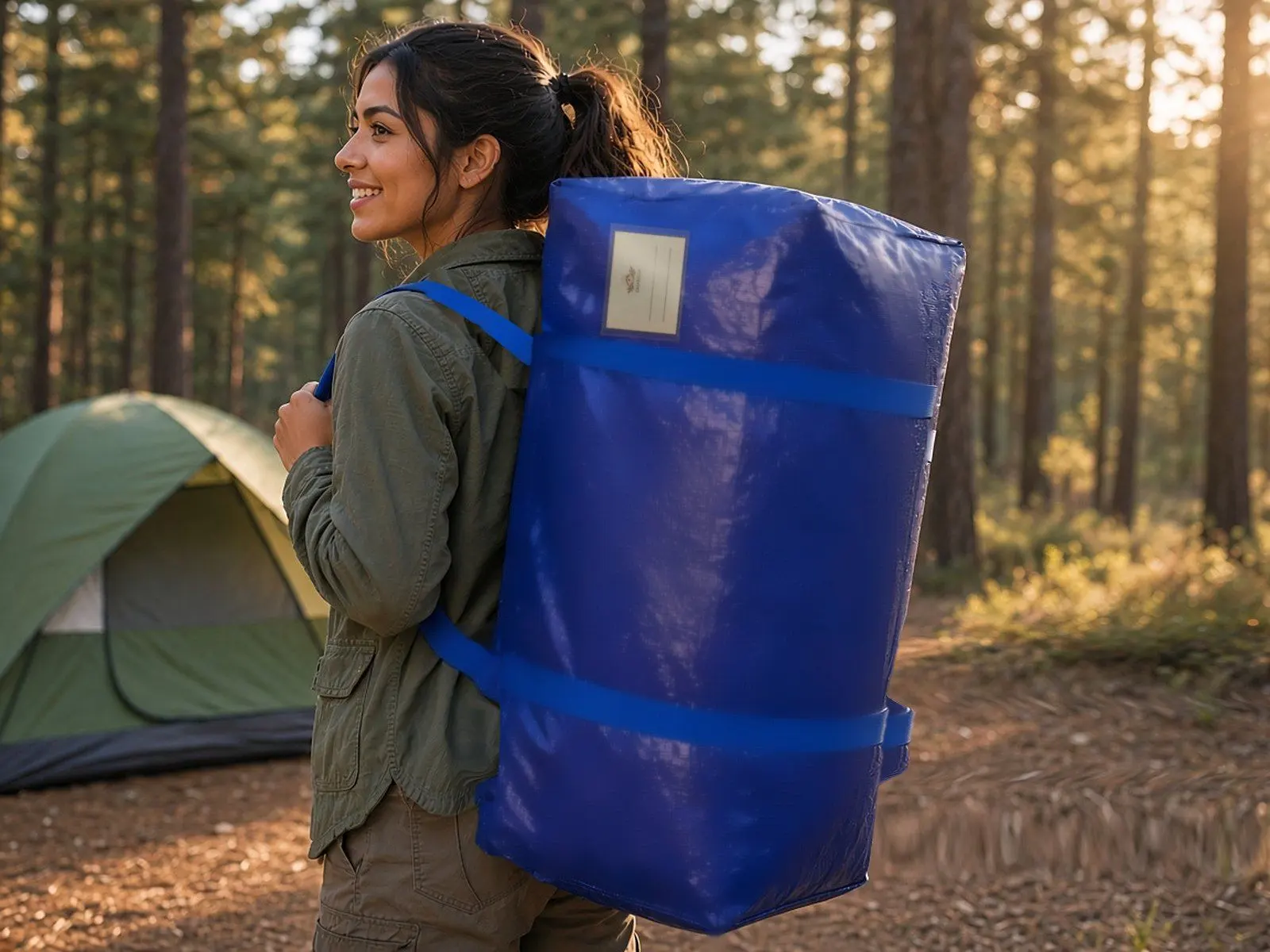 A woman wearing a cobalt blue CasaBella bag like a backpack at a campsite