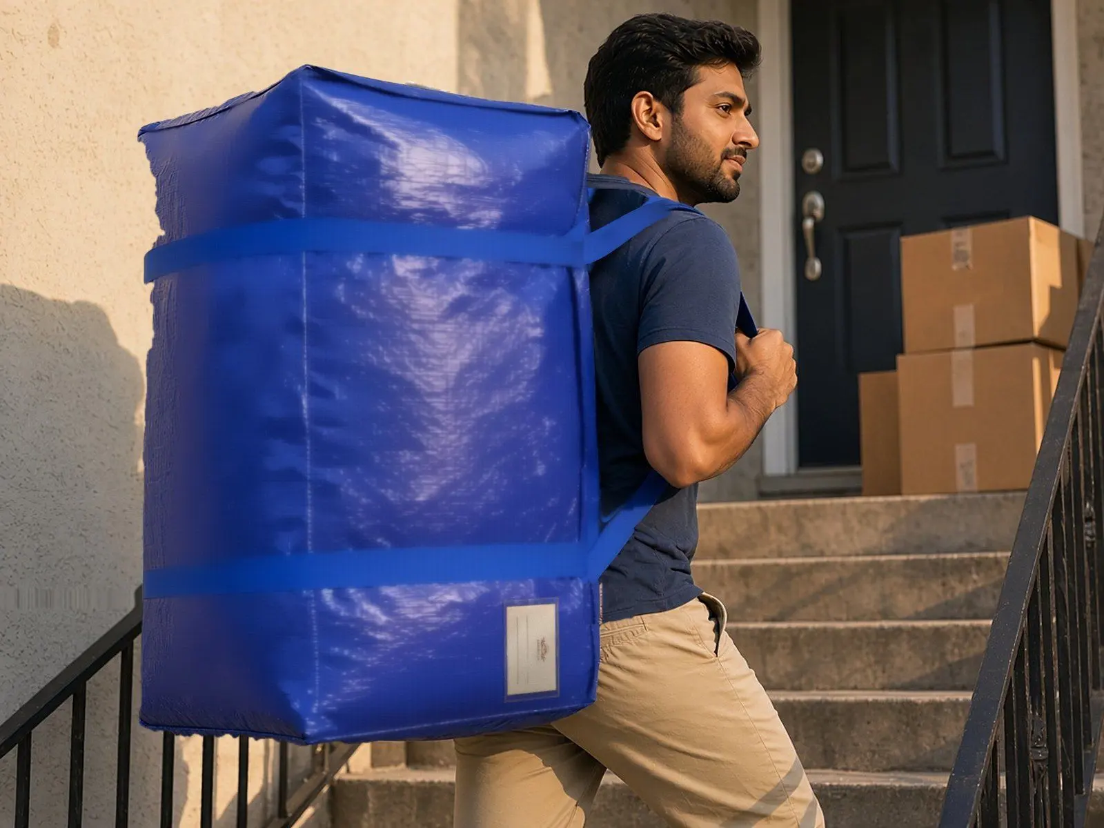 A man wearing a cobalt blue CasaBella bag like a backpack on stairs