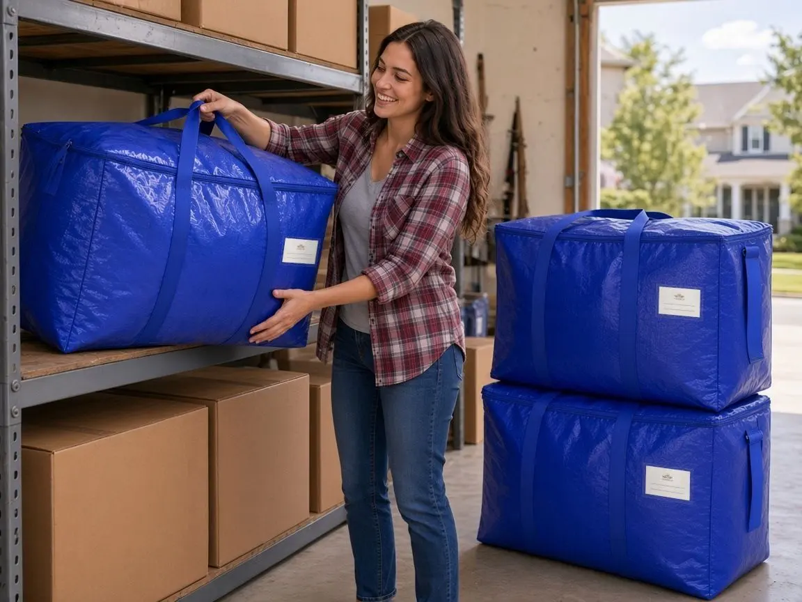 Woman lifting a cobalt blue CasaBella bag onto garage shelving next to cardboard boxes